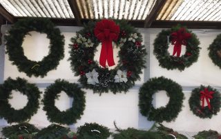 Christmas wreaths on wall display